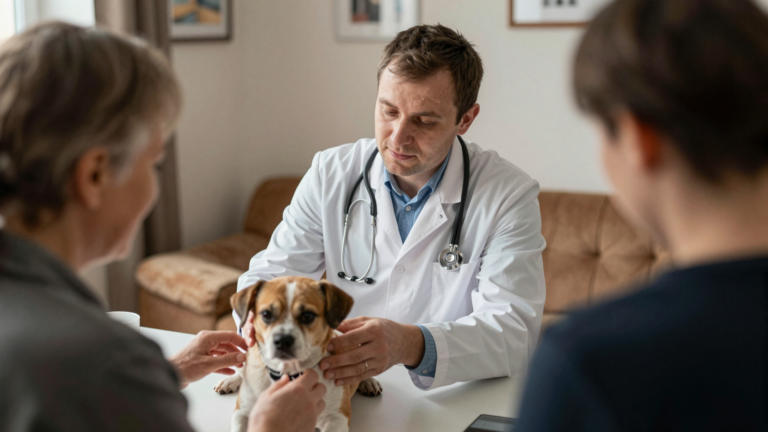 Ветеринарный врач службы Vet24 бережно общается с владельцем собаки во время домашнего визита в Санкт-Петербурге